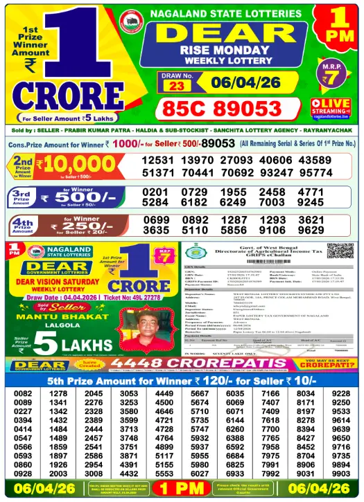 Dear Lottery Result 1 PM - 6 April 2026